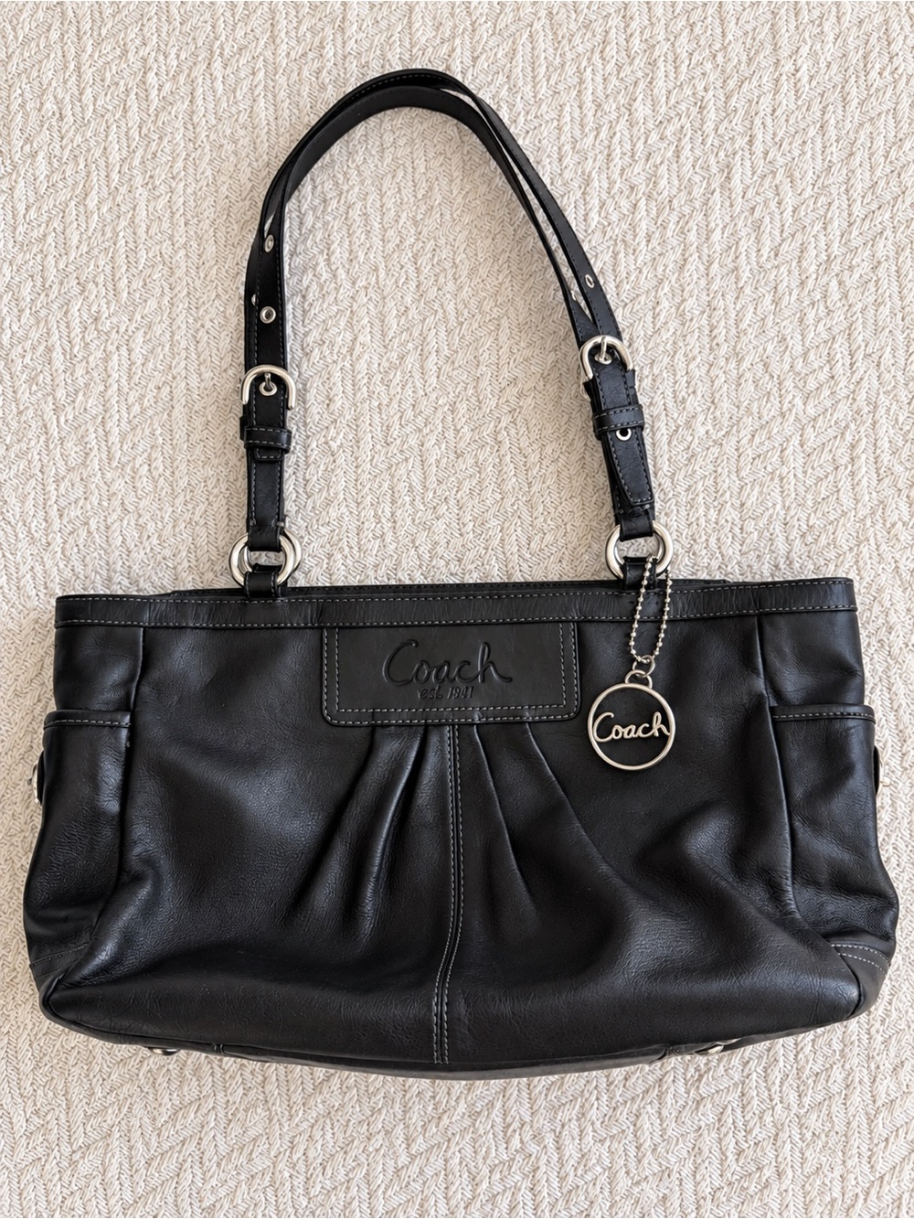 Vintage Coach F13759 Pleated East West Leather Shoulder Bag Black